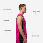 Back view of custom pink basketball jersey showing back player name and number placement on hot-pink body with black side panels