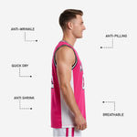 Back view of custom pink basketball jersey with player name above back number, hot pink body and white side panels visible from behind
