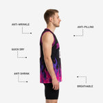 Back view of black basketball jersey with pink and purple flame graphic and sublimated back number in white with pink outline