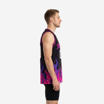 Front view of custom pink basketball jerseys featuring arched team name in pink, white front number, and pink V-neckline binding on a black base