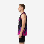 Left side view of black and pink flame sublimated basketball jersey showing armhole binding and side vent at the hip