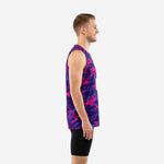 Adult male wearing custom pink basketball jersey in purple camo with pink V-neck binding and white number 00 on chest, front view