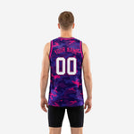 Right side view of purple and pink camo basketball jersey showing full-body sublimated camo pattern and V-neck collar detail
