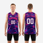 Size and specification chart for custom pink basketball jerseys in purple and pink camo, youth and adult sizes available