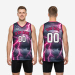 Size chart for custom pink basketball jerseys showing youth and adult sizing measurements for team orders