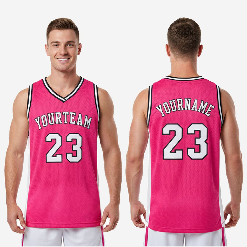 Black Trim Custom Pink Basketball Jerseys - Hot Pink and White