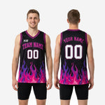 Size and specification chart for custom pink basketball jerseys showing youth and adult size run measurements