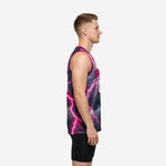 Front view of a custom pink basketball jersey featuring a full-sublimation pink and charcoal lightning storm graphic, V-neck with pink binding, and arced team name across the chest
