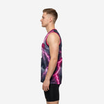 Left side view of the custom pink basketball jersey showing continuous lightning storm sublimation across the side panel and wide pink armhole binding