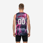 Right side view of the pink and gray sublimated basketball jersey displaying the seamless storm graphic from collar to hem with pink trim at armhole and V-neck