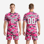 Full 2-piece custom pink soccer uniforms kit detail showing digital camo print quality on 100 percent polyester performance fabric