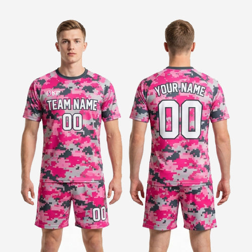 Full 2-piece custom pink soccer uniforms kit detail showing digital camo print quality on 100 percent polyester performance fabric