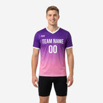 Custom pink soccer training jersey with Royal Purple to Rose Pink gradient, white V-neck trim, team name and number print, mens athletic fit front view