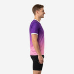 Custom pink soccer training jersey side view showing full ombre gradient from purple shoulder to pink hem, white sleeve cuff trim