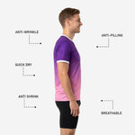 Custom pink and purple gradient soccer training jersey back view showing player surname and number print zones