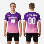Custom pink soccer training jersey chest detail showing sublimated team name and player number print on purple-to-pink gradient