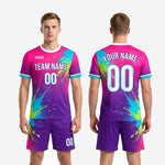 Custom pink and purple soccer uniform full kit back view showing player name and number print zones on sublimated jersey