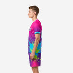 Men's custom pink and purple soccer uniform kit side view showing full sublimated splash print on jersey and shorts