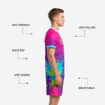 Custom pink and purple soccer shorts with sublimated splash print and elastic drawcord waistband, matchday kit