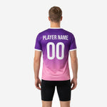 Custom pink soccer training jersey V-neck collar detail with white contrast trim and Royal Purple sublimated gradient at shoulder