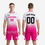 Custom pink soccer kit full 2-piece set in hot pink and white with dot-burst sublimation print, made to order for club and team squads