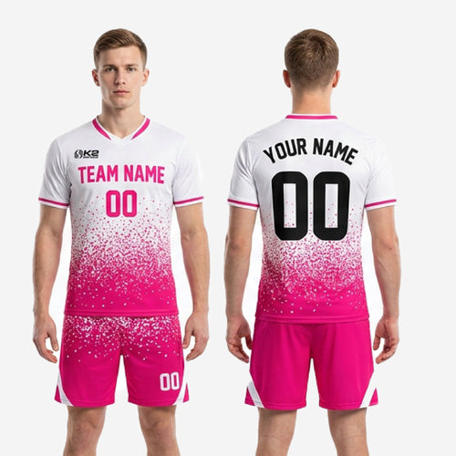 Custom pink soccer kit full 2-piece set in hot pink and white with dot-burst sublimation print, made to order for club and team squads