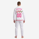 Custom pink soccer tracksuit jacket detail showing stand collar with floral lining and full zip closure