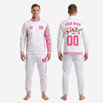 Custom pink soccer tracksuit close-up of stand collar floral print and ribbed cuff construction detail