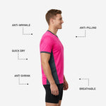 Back view of custom pink soccer training jersey showing back number and charcoal panel construction