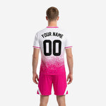 Custom pink soccer uniform jersey back detail showing player name and number printed in hot pink sublimation on white upper back