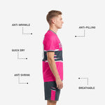 Charcoal soccer shorts with pink side stripe and glitch graphic detail from pink soccer uniform kit