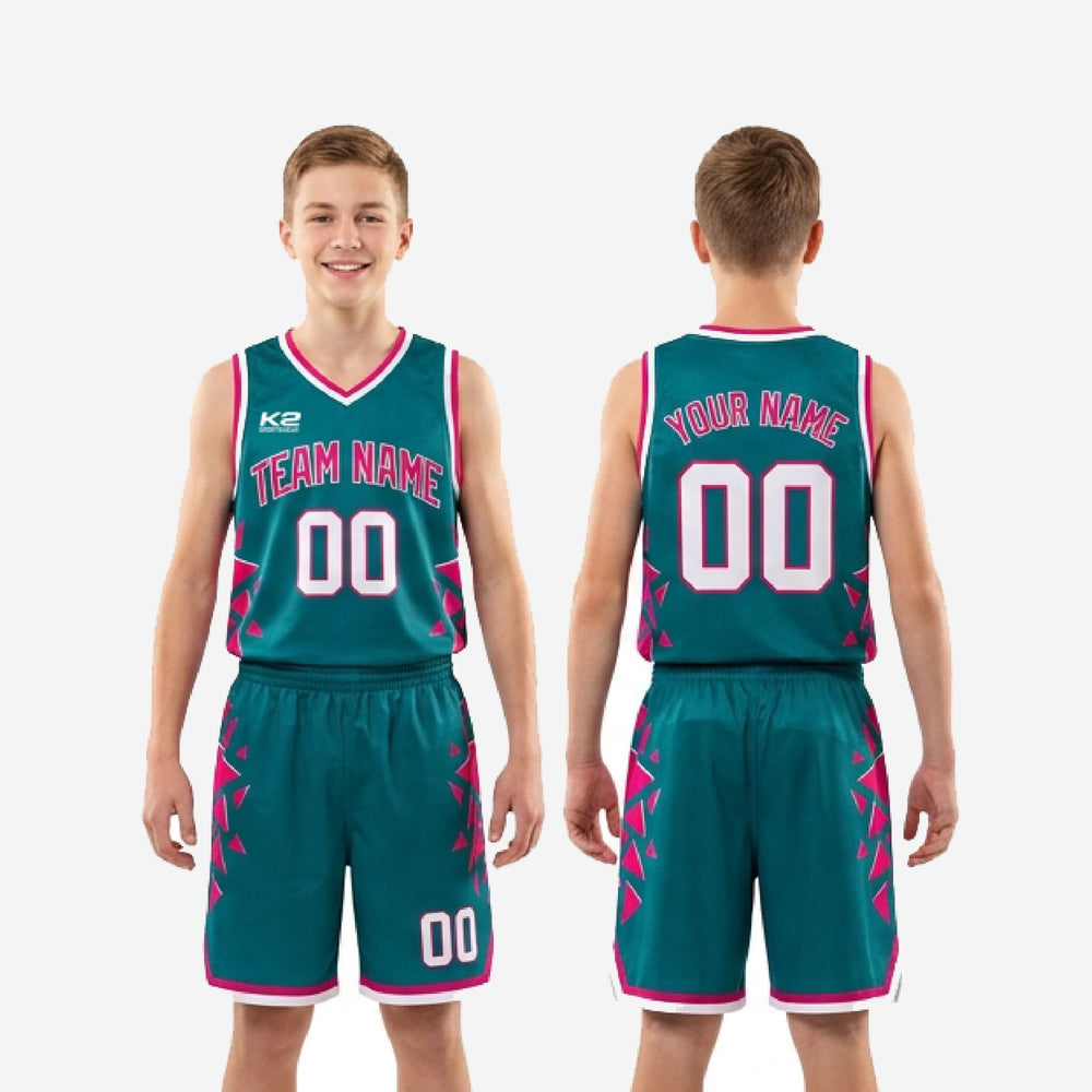 Custom Pink Youth Basketball Uniforms - Teal Game Day Set
