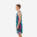 Size and spec reference for custom pink youth basketball uniforms in teal, showing youth size range for full roster ordering