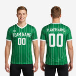Back view of custom pinstripe soccer training jersey in Kelly Green and White showing back number and name print zones