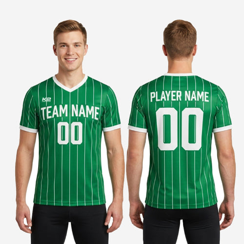 Back view of custom pinstripe soccer training jersey in Kelly Green and White showing back number and name print zones