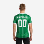 Close-up of white V-neck collar trim on custom pinstripe soccer training jersey custom in Kelly Green
