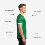 Close-up of white sleeve cuff trim on custom pinstripe soccer training jersey custom in Kelly Green and White