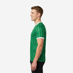 Custom pinstripe soccer training jersey in Kelly Green and White right side view showing full-length pinstripe pattern on male model