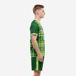 Custom soccer uniform kit in forest green plaid pattern, left side profile view