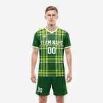 Custom plaid futbol uniform in forest green and lime yellow, front view with team name and number