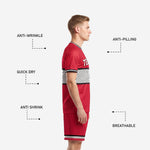 Crimson Red custom soccer shorts with dot-burst hem band and player number on left leg, part of plain soccer uniform set