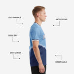 White and navy double-stripe cuff trim detail on custom powder blue soccer jersey showing sublimated sleeve construction