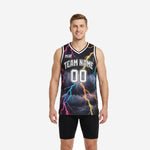 Custom printed basketball jerseys in black with multicolor neon lightning bolt sublimation pattern, team name arced on chest and number 00 on front