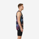 Black custom printed basketball jersey with full-panel neon lightning sublimation, white V-neck binding, and arched team name on the front chest