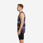 Side view of custom printed black basketball jersey showing neon multicolor lightning pattern wrapping around the side panel with side vent at hem