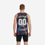 Opposite side view of custom printed black basketball jersey displaying full-sublimation neon lightning design and straight hem with side vent