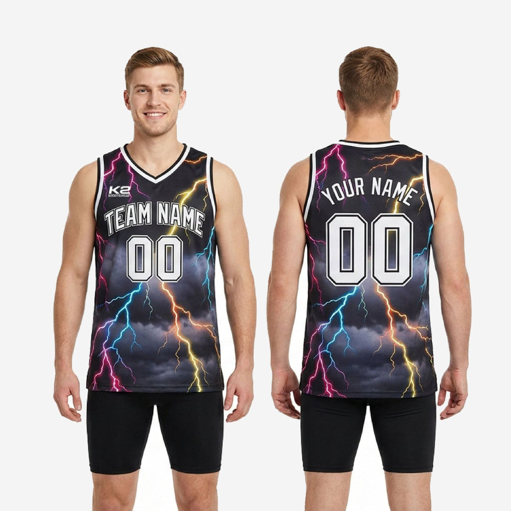 Sublimated Custom Printed Basketball Jerseys - Black Neon Lightning
