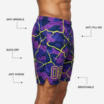 Back view of purple and neon yellow shattered camo custom printed basketball shorts showing full-dye sublimation coverage