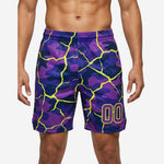 Custom printed basketball shorts in purple shattered camo with neon yellow crack pattern and player number 00 on the front thigh panel