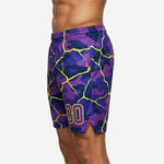 Left side view of purple custom printed basketball shorts showing side split at hem and full camo crack sublimation pattern